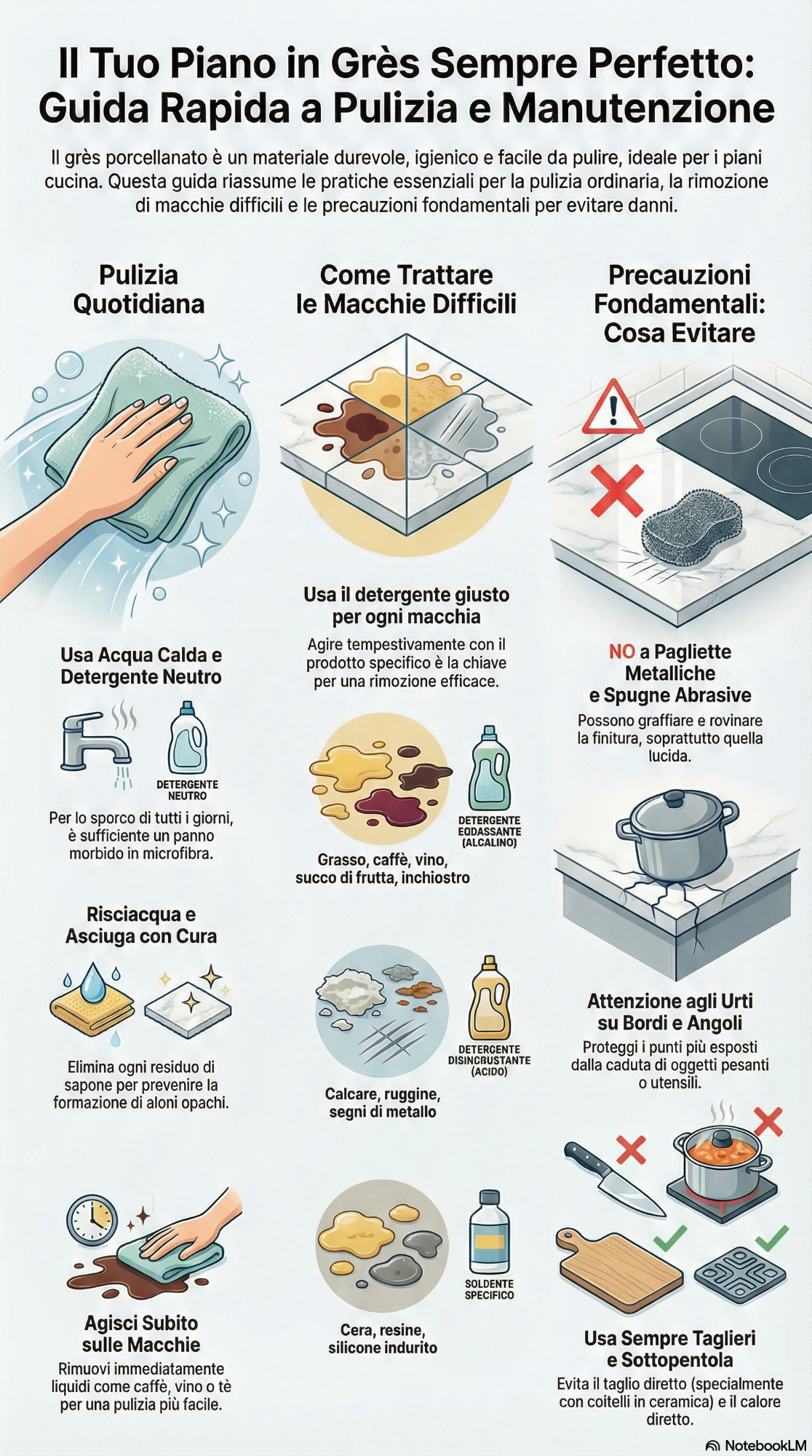 Infografica sui principi essenziale per la pulizia dei piani cucina in gres