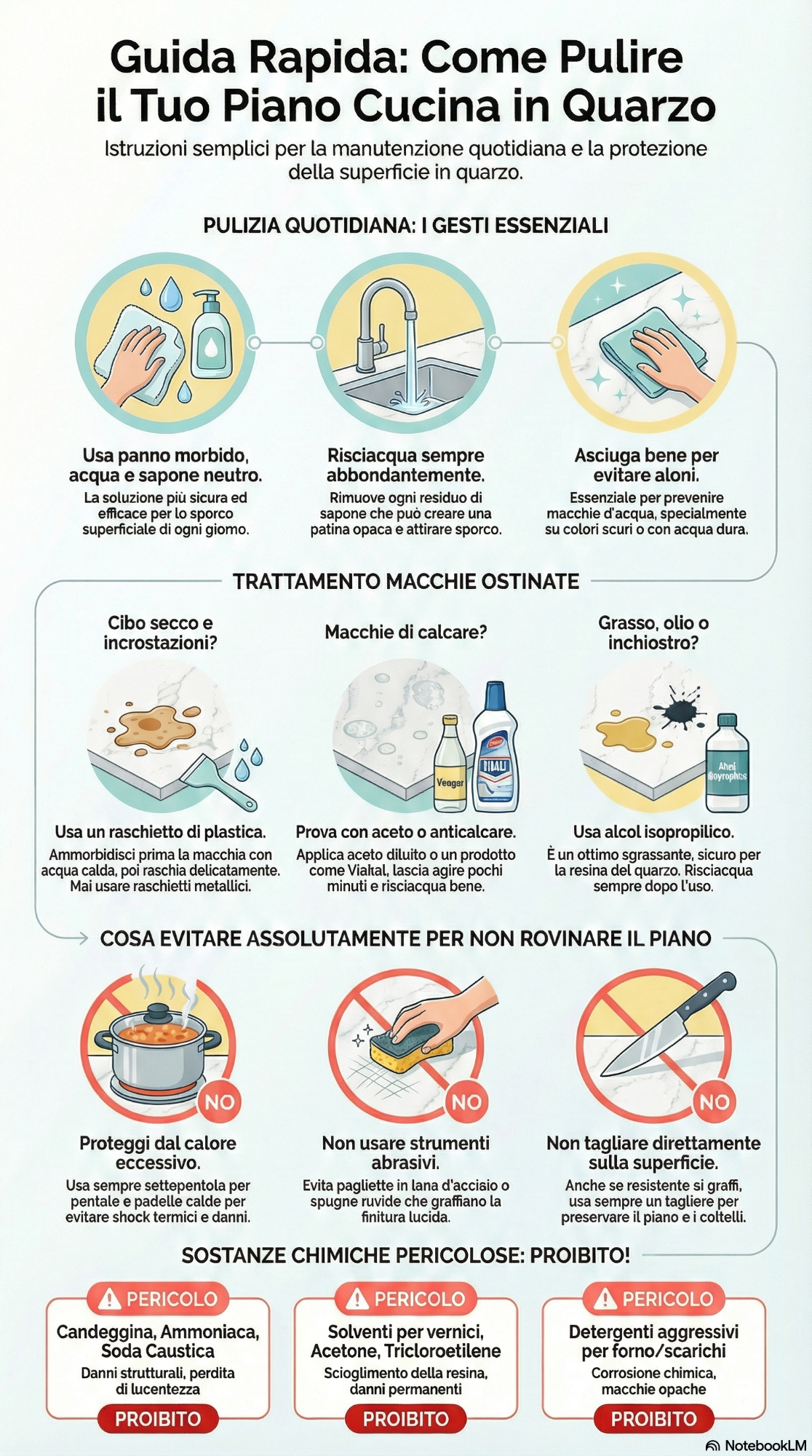 Infografica sui principi essenziale per la pulizia del laminato HPL