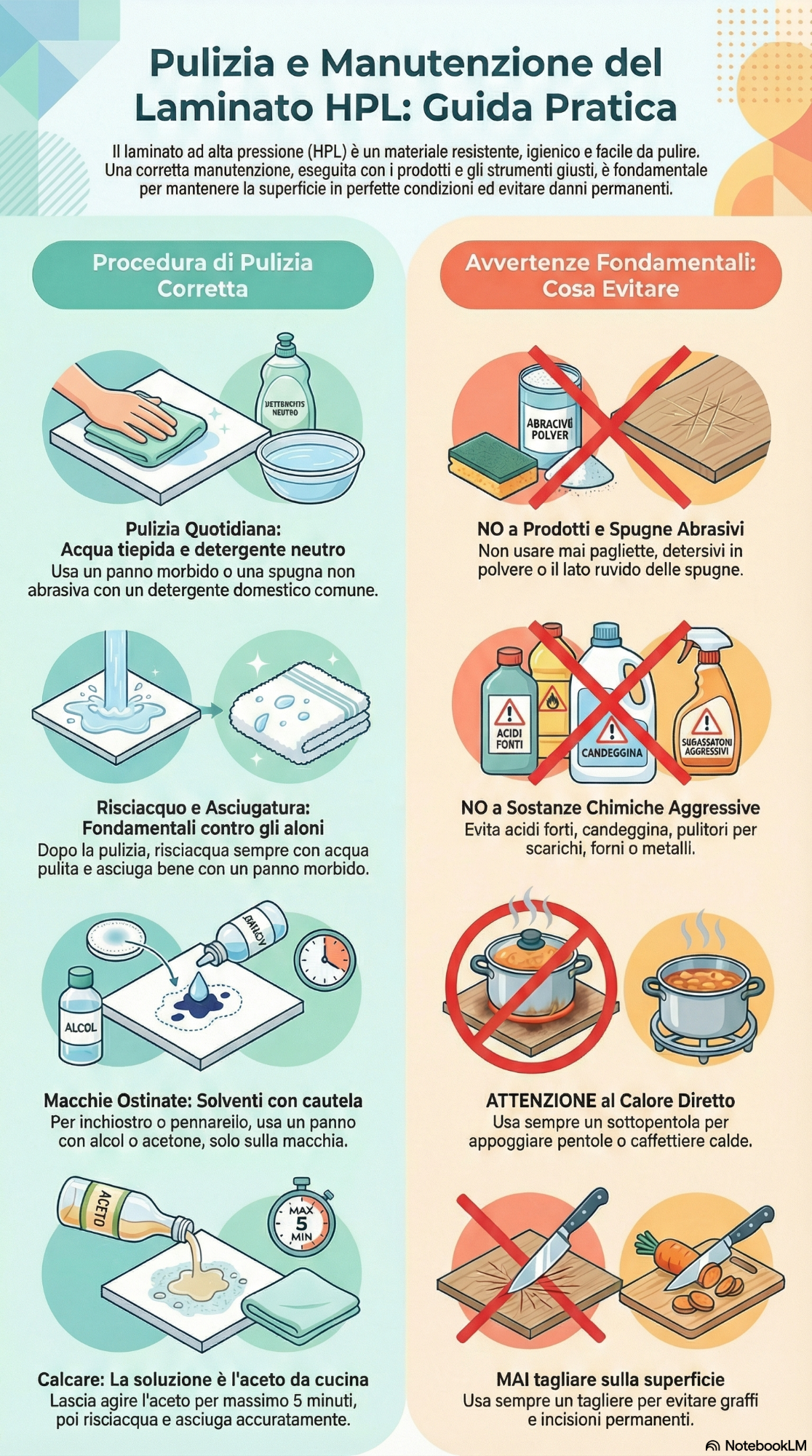 Infografica sui principi essenziale per la pulizia del laminato HPL