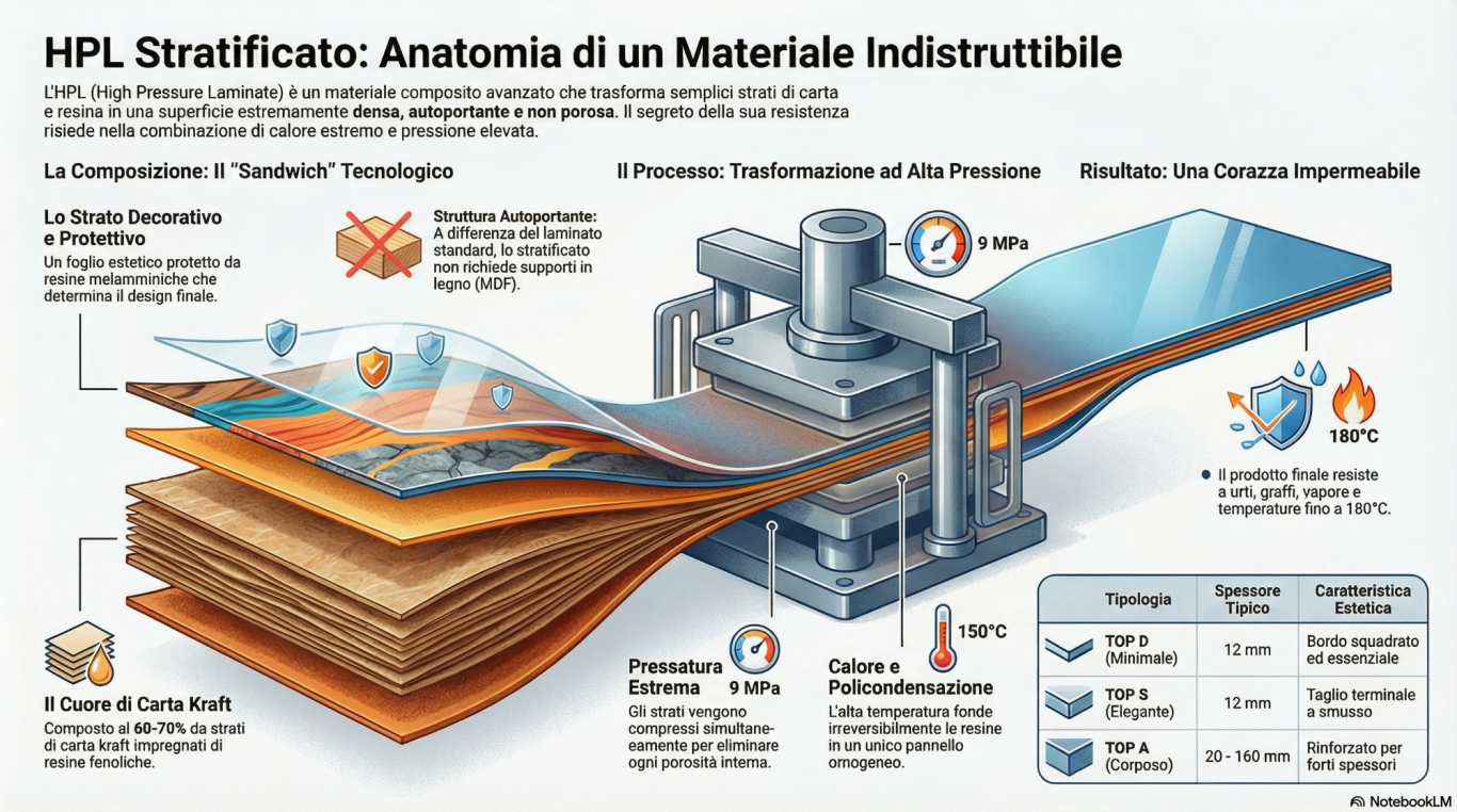 Infografica per il processo produttivo del laminato stratificato HPL