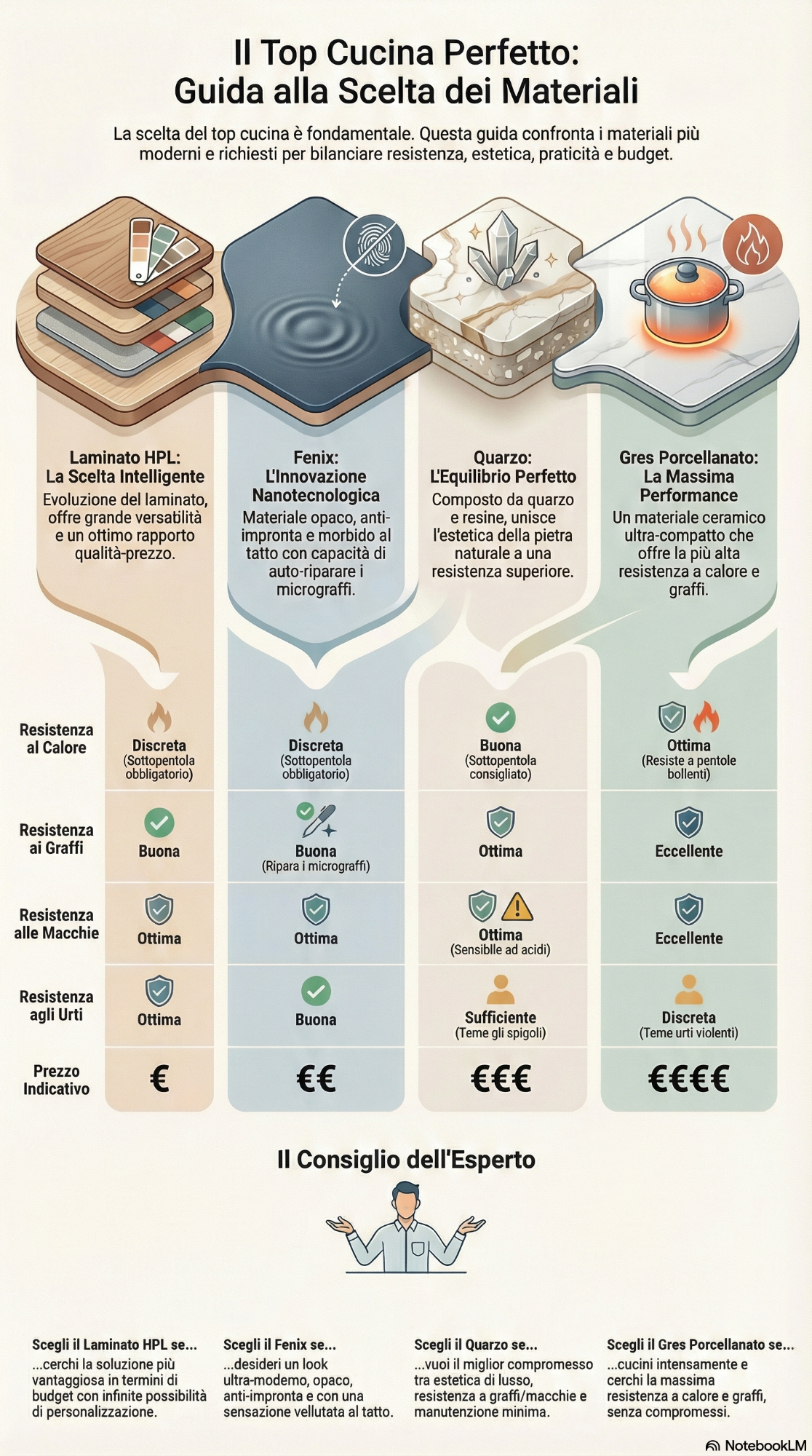 Infografica sulla scelta dei piani per cucina