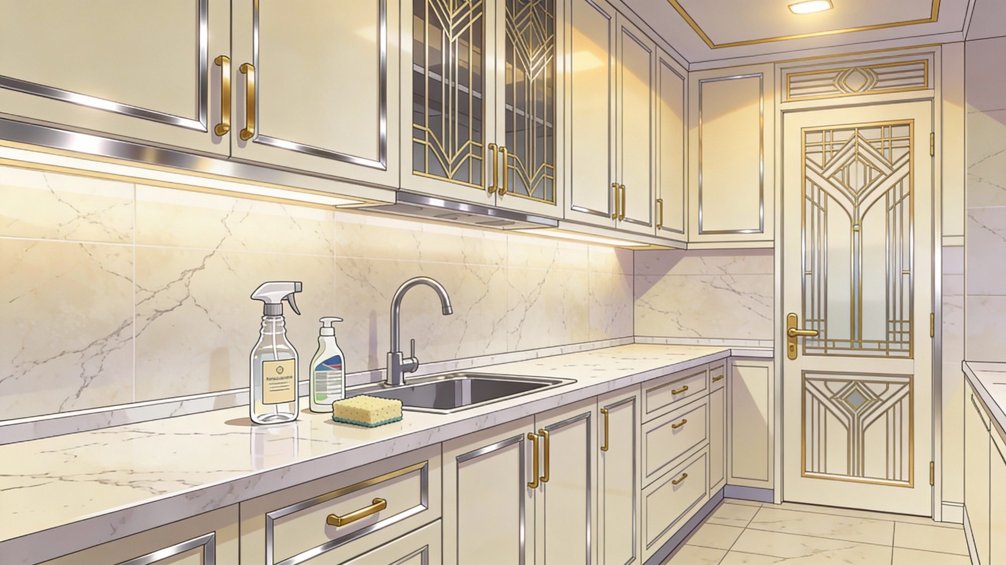 Illustrazione di copertina per la guida pulizia dei piani cucina in gres